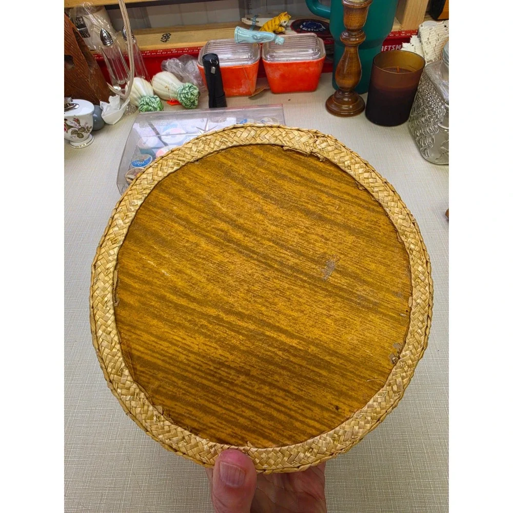 Vintage Woven Straw Sewing Basket Red Lining Raffia Floral Embroidery Round 9